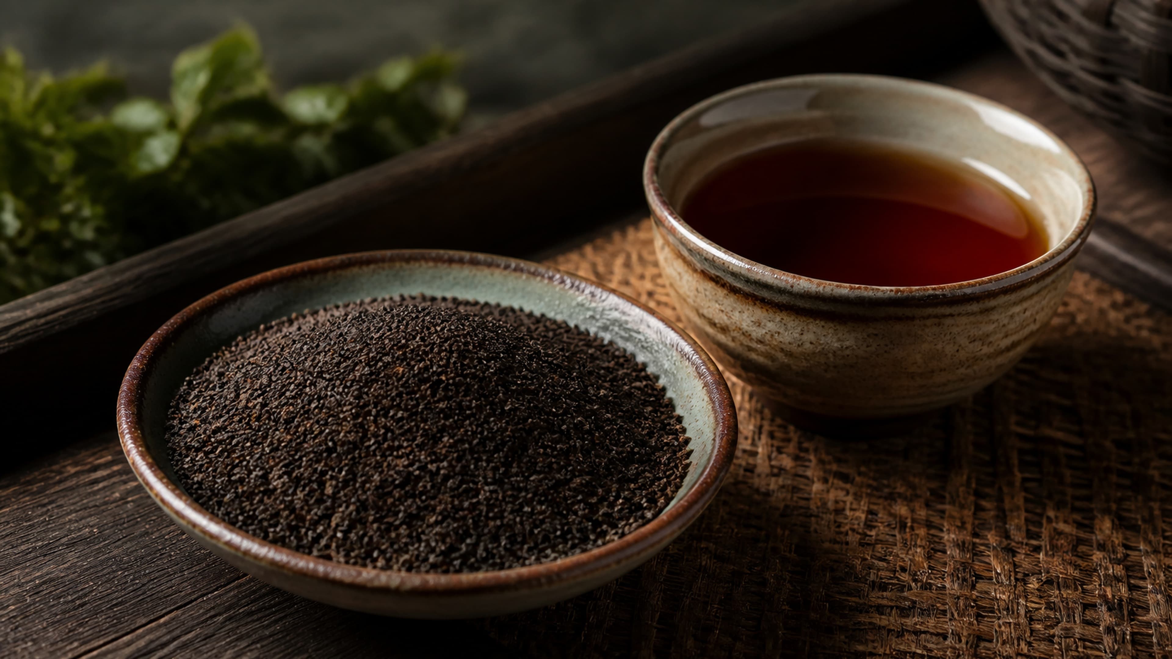 CTC black tea granules beside a deep copper tea cup