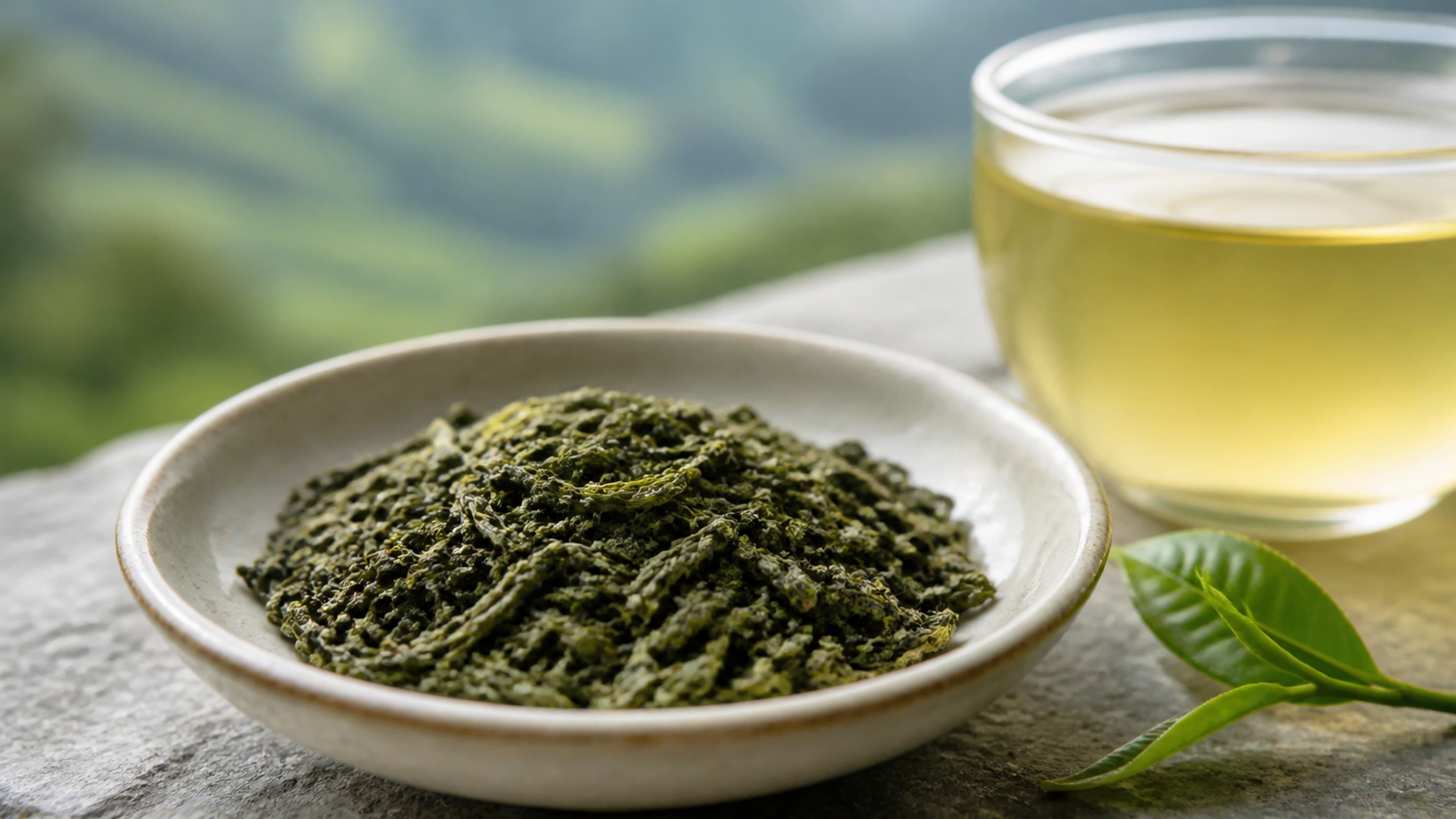 Rolled green tea leaves beside a pale green tea cup