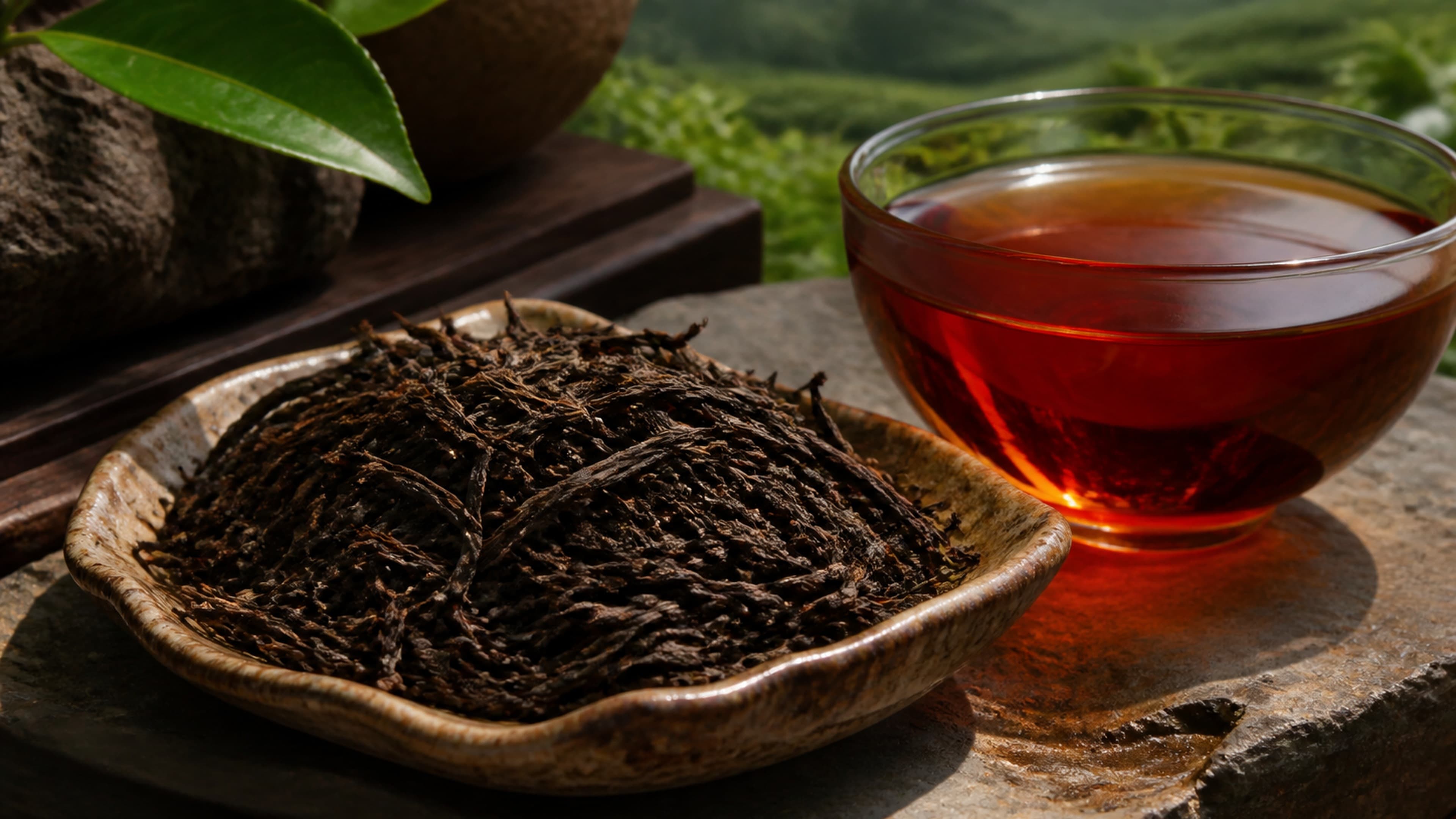 Twisted orthodox black tea leaves beside a clear amber cup