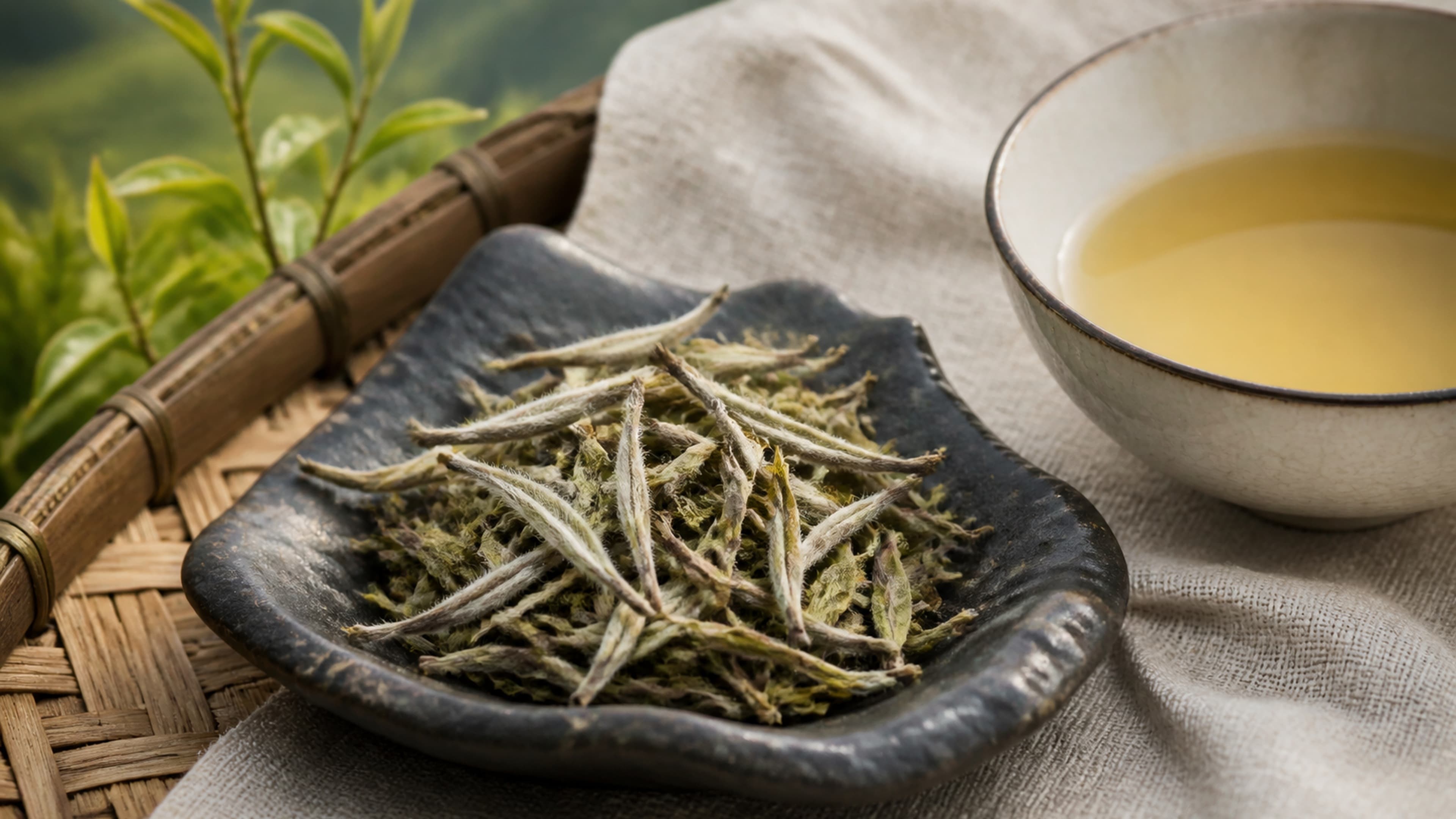 Silver white tea buds beside a pale gold tea cup